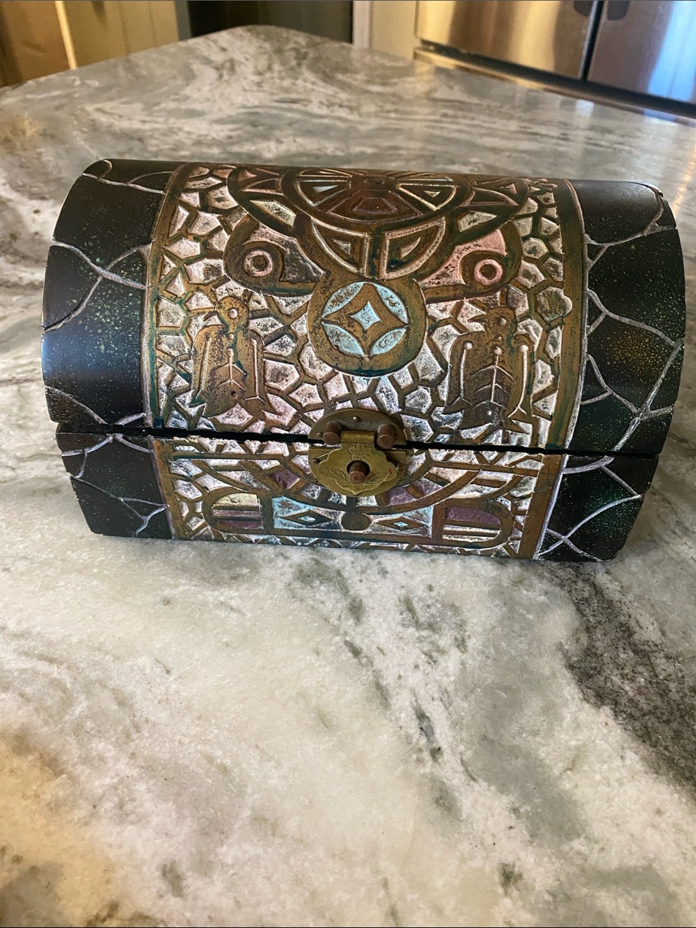 Vintage Decorative Black and Gold Treasure Chest Jewelry Box wood mosaic style.